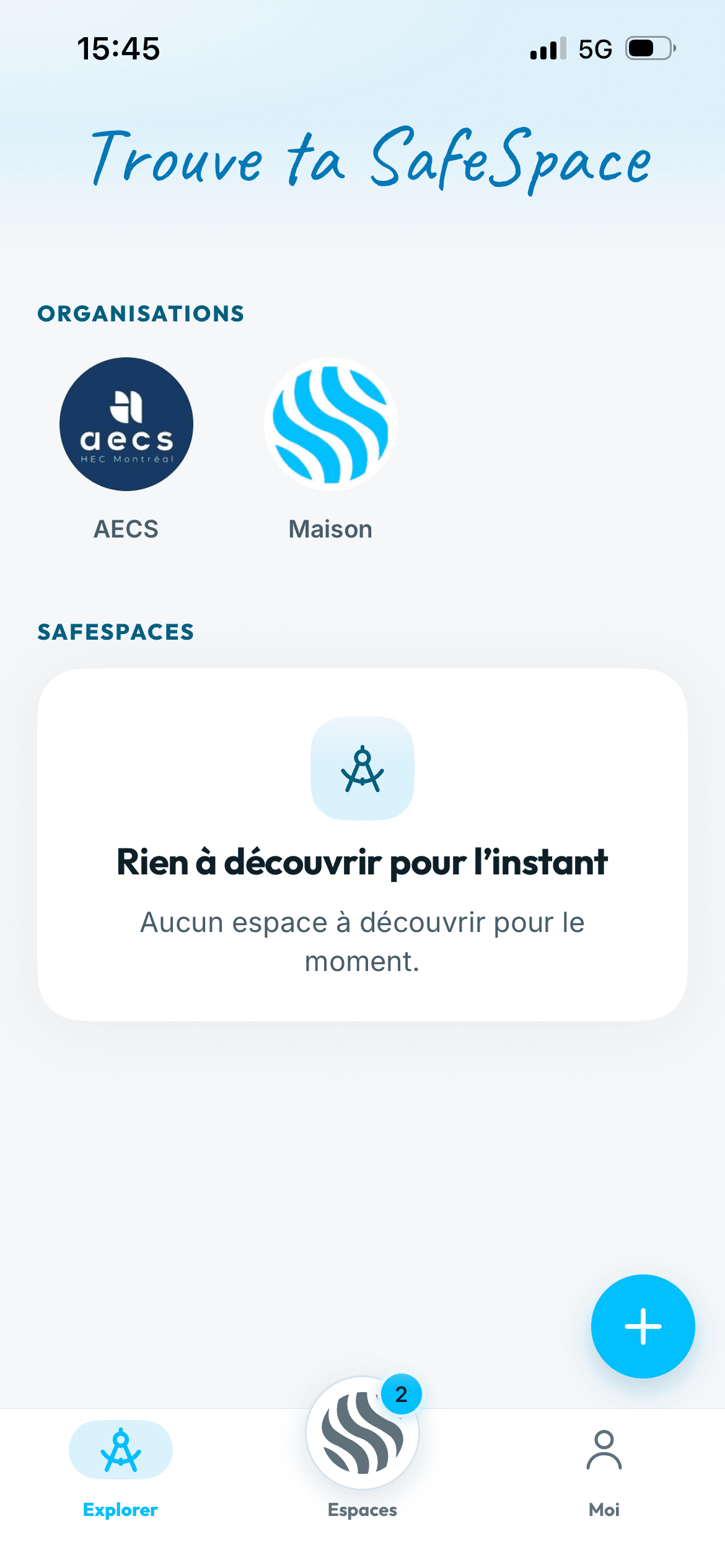 The SafeSpace app’s Explore screen, where the AECS is listed